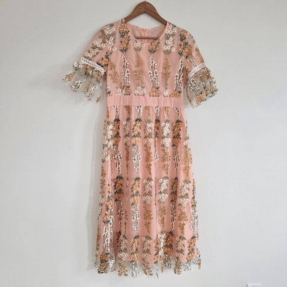 Peach Floral Embroidered Midi Dress – Size M | Boho Bell Sleeve - Picture 1 of 9